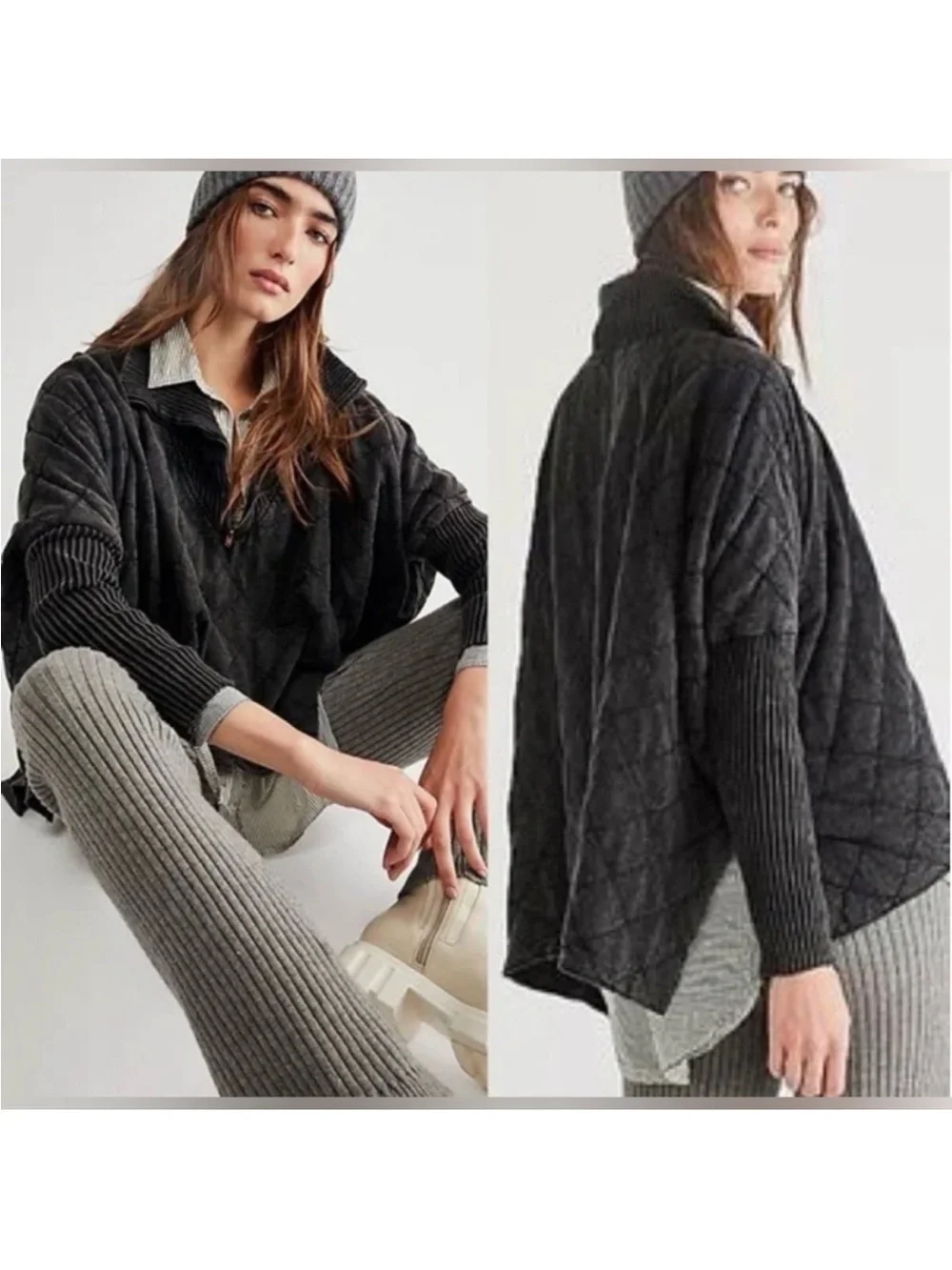 Free People Shiloh 3/4 Zip Quilted Low-High Sweatshirt Charcoal Size Large 25645